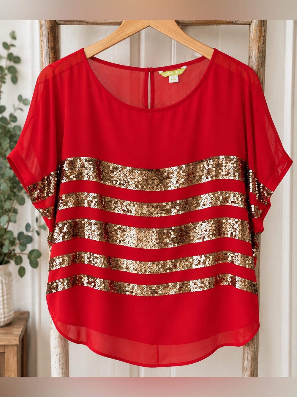Gianni Bini Red & Gold Sequin Chiffon Blouse – Size Large